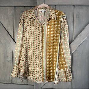 House of Harlow 1960 Art Decor Silky Satin Button Up Size XL‎ Brown green Pink